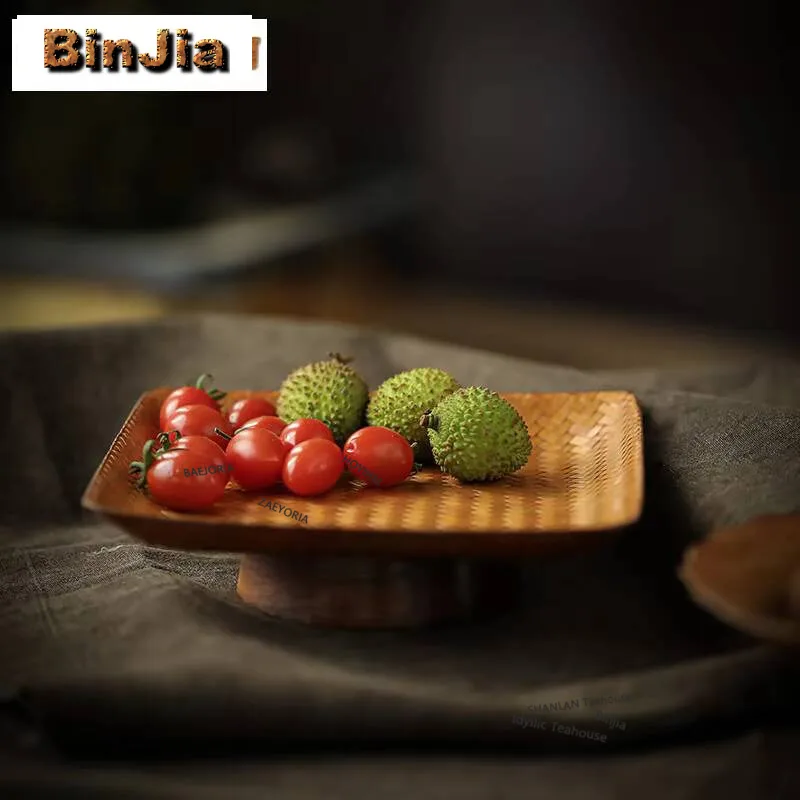 Bamboo Woven Handmade High Leg Fruit Dish Chinese Small Size Fruit Plate Antique Pastry Plate Sharing Plate Craft Collections