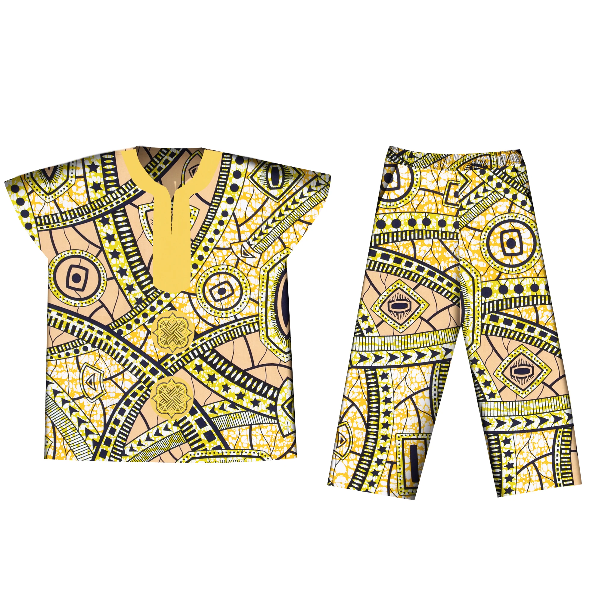 

Детская африканская одежда, комплект, хлопковая рубашка с короткими рукавами и длинные штаны с африканским принтом и вышивкой Дашики для детской одежды WYT106