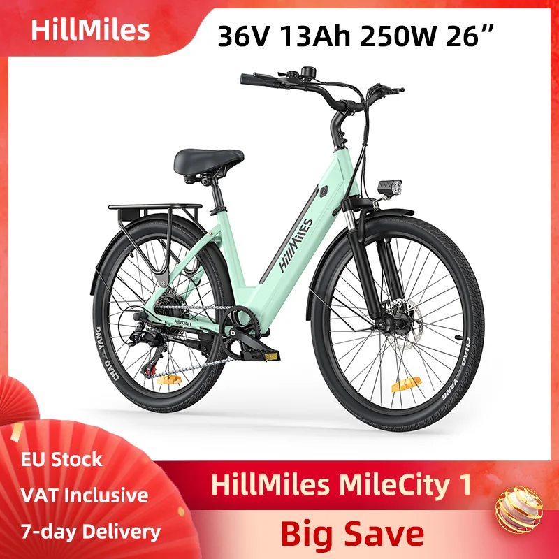 HillMiles MileCity 1 v�lo �lectrique 250W 36V 13Ah 26 pouces pneu l�ger d�placement en ville Step-Thru e-bike freins � disque m�caniques