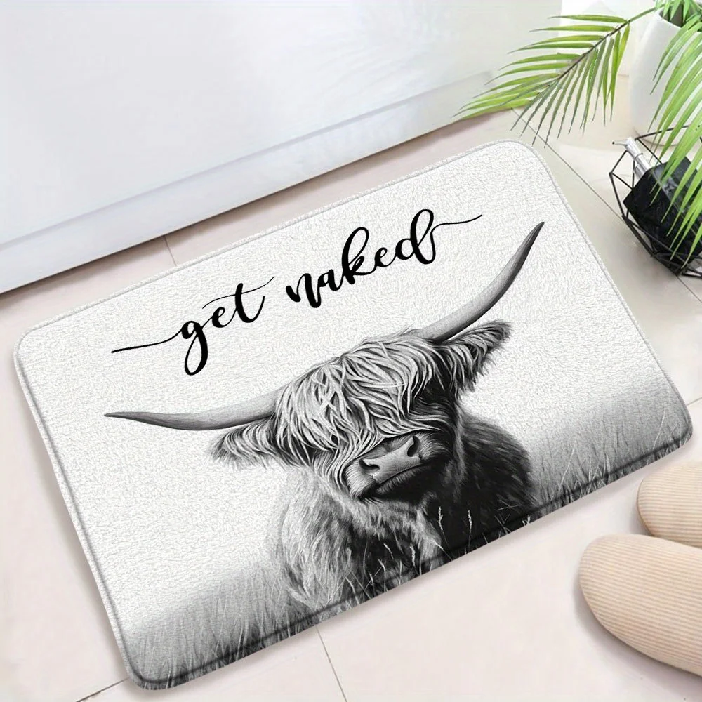 Highland Cow Bath Mat - Non-Slip Soft Polyester Flannel Surface, Quick Dry Shower Rug for Bathroom Decor, Funny Scottish Cow