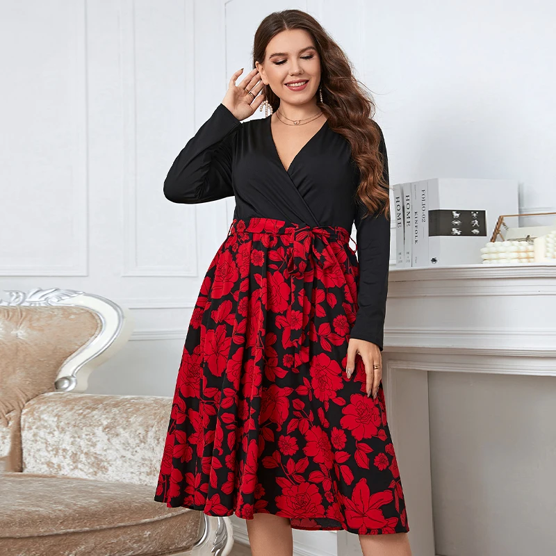 Della Mel Plus Size Party Dresses Elegant Long Sleeve Women Clothing Spring Autumn Casual V-Neck Floral Print Large Size Dress