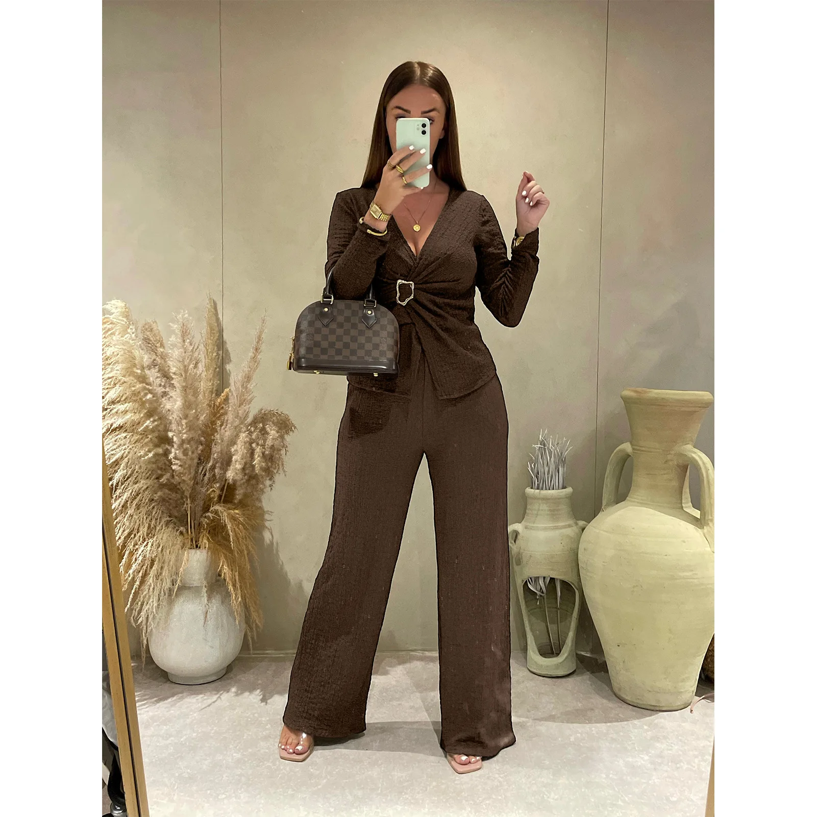 Elegant Office Lady Casual Chic Solid Damespak Metalen knop Slanke blouse Tops Wijde pijpen Broek Tweedelige mode 2025, herfstsets
