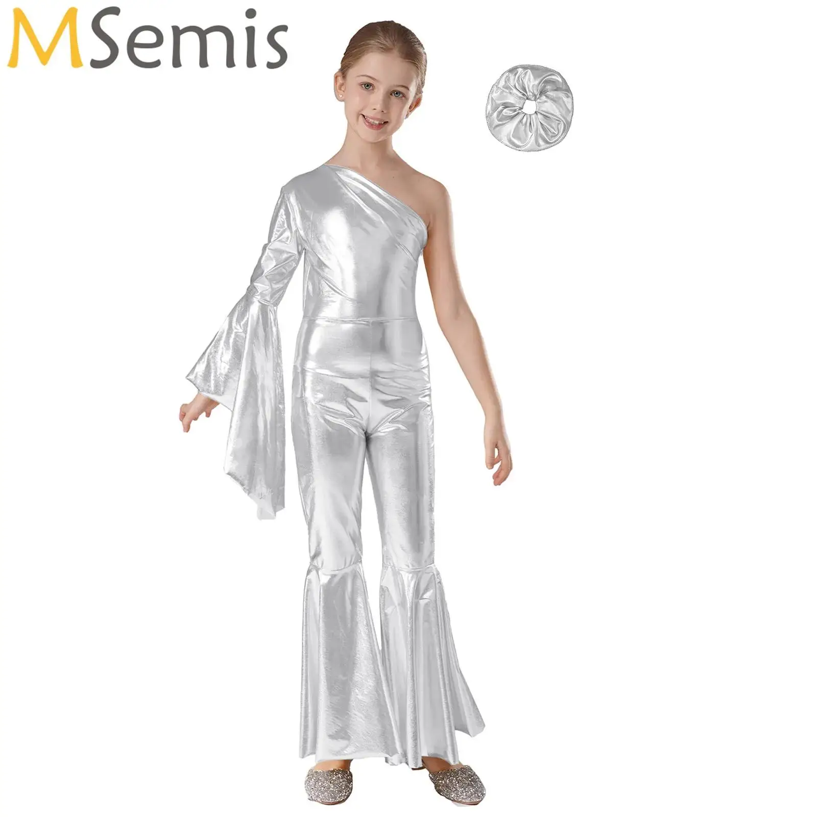 Big Girls Ballet Jazz Dance Performance Costumes Metallic Full Bodysuit One Shoulder Sleeve Jumpsuit Dresses with with Hair Tie