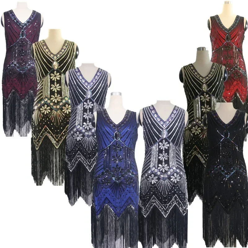 Gatsby Jurk Pailletten Flapper Mouwloze Vrouwen Vintage Jurk Retro Jaren 1920 Geweldige Dansfeest Prom Kwastje Zoom Jurk