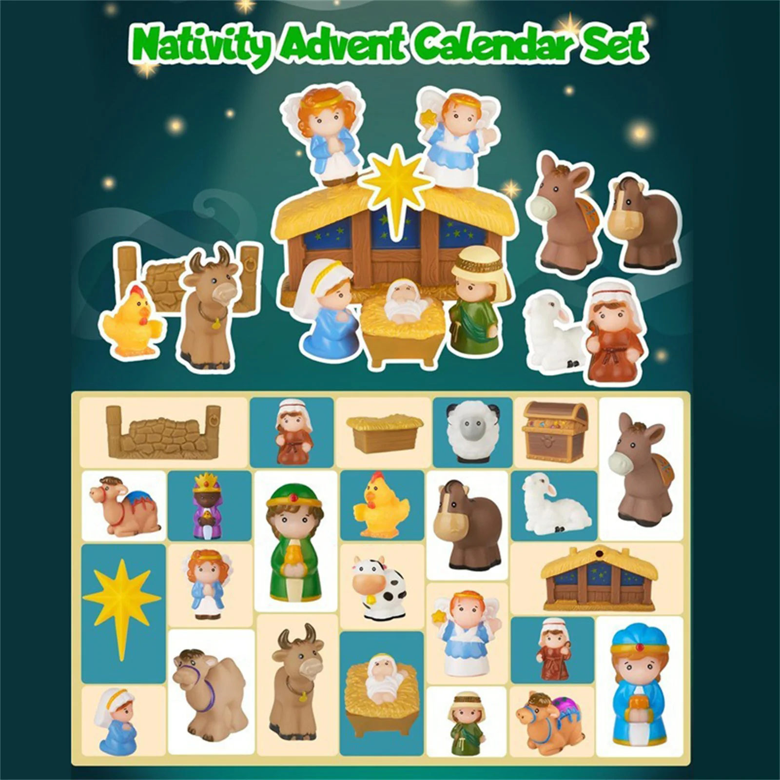 Calendario de Adviento de Navidad para niños, cuenta regresiva de 24 días con historia y juguete sorpresa cristiana, conjunto con caja decorativa