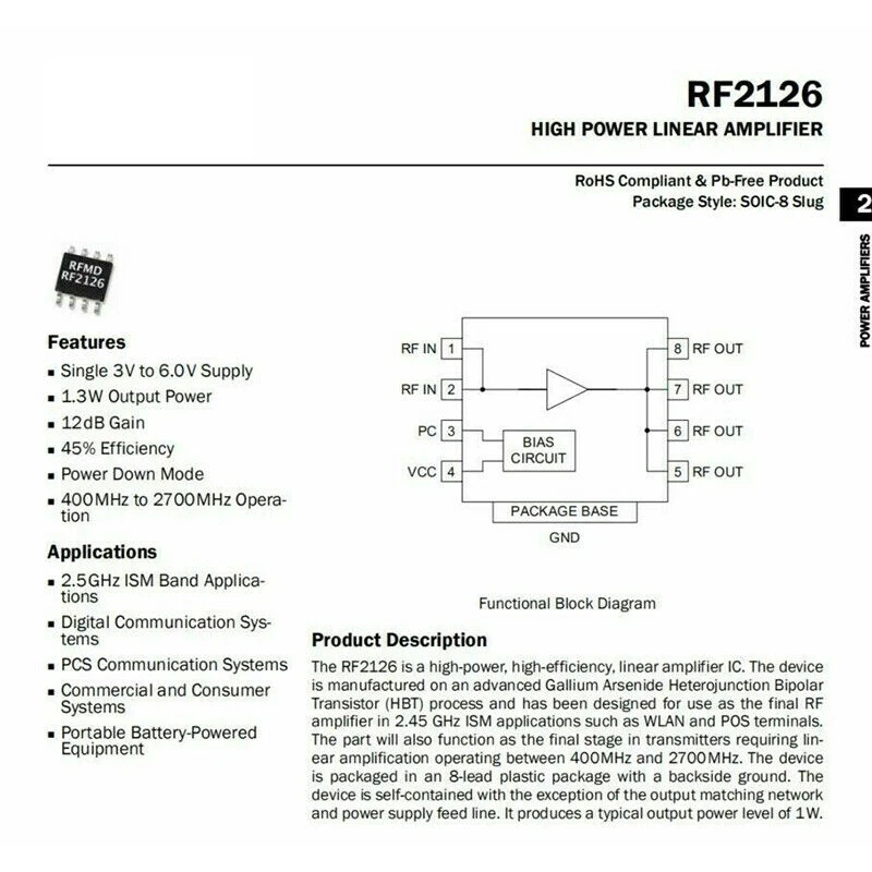 RF2126 400M-2700MHZ amplificatore di potenza RF a banda larga 2.4GHZ 1W per amplificatore Radio WIFI Bluetooth Ham