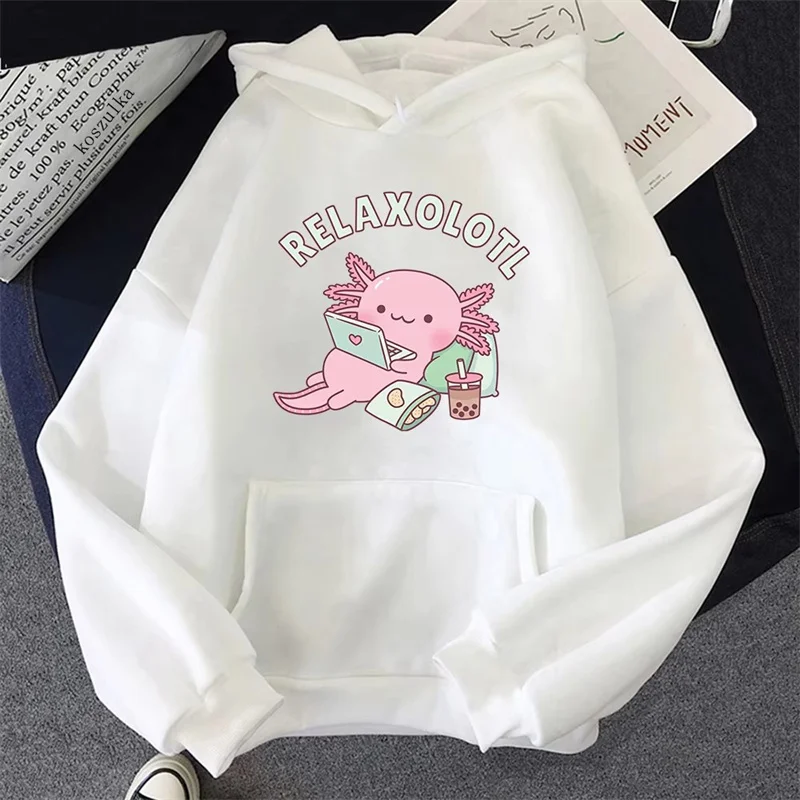 Oversized Axolotl Boba Milk Tea Hoodies Korean Style Women Clothes Kawaii Sweatshirt Vintage Cartoon Graphic Harajuku Hoodie