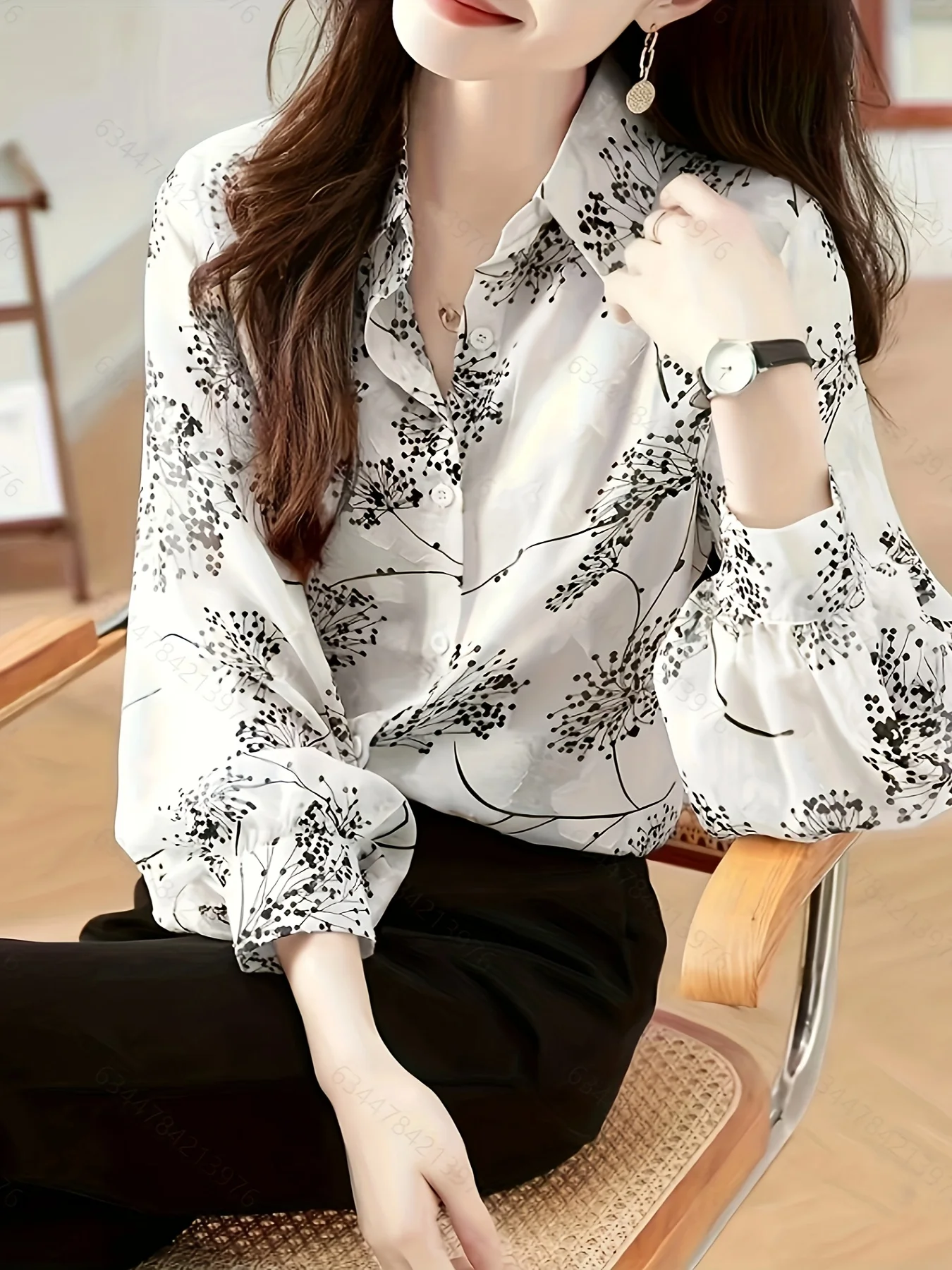 Spring and autumn new French print fashion loose thin lapel long sleeve chiffon shirt blouse for women