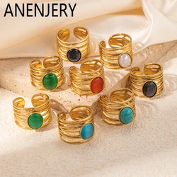 ANENJERY 316L Stainless Steel Colorful Stone Wide Multi Line Ring for Women Men Vintage Temperament Jewelry Gift Wholesale