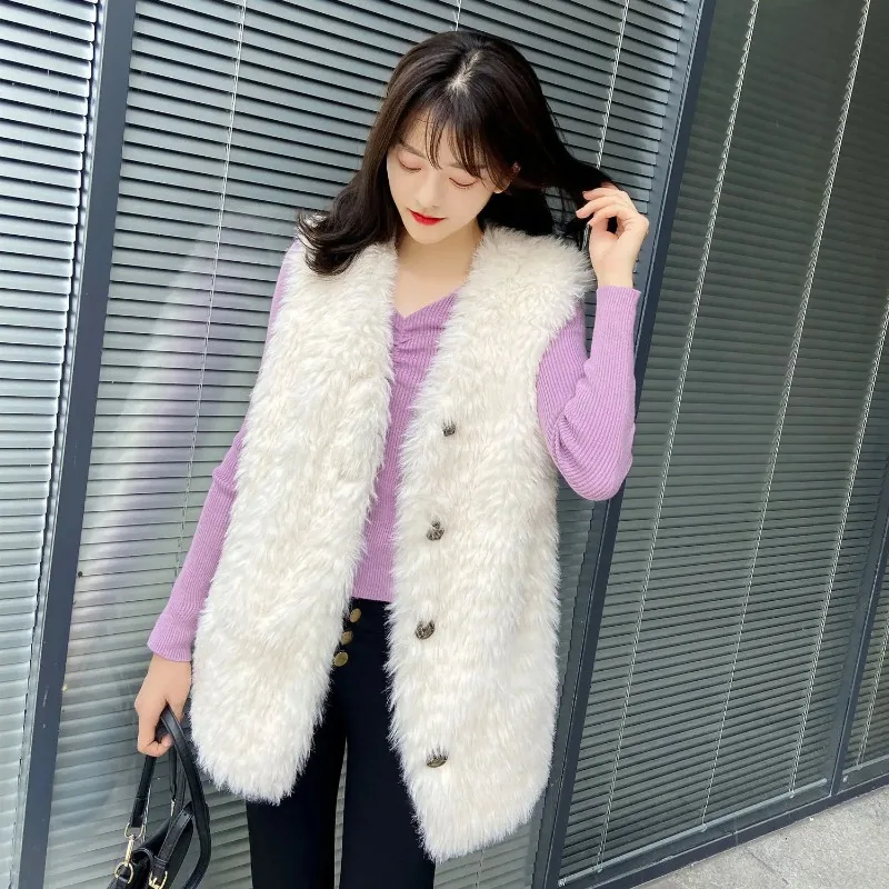 

2024 New Fashionable Single Breasted Solid Color Spliced Vest High-end Women Elegant Sleeveless Vests Fake Fur Jacket N46