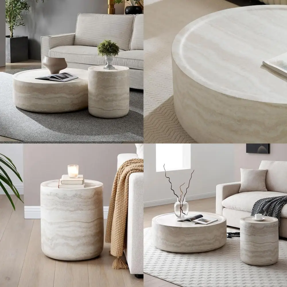 طقم طاولات قهوة مستديرة مكون من 2، نمط رخامي صناعي، طاولات جانبية حديثة وبسيطة لغرفة المعيشة، طاولات نهائية أنيقة مع #1