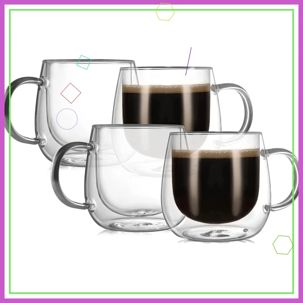 

10oz Double Walled Glass Coffee Mugs (4-Pack), Clear Cups with Handle for Latte, Cappuccino, Tea