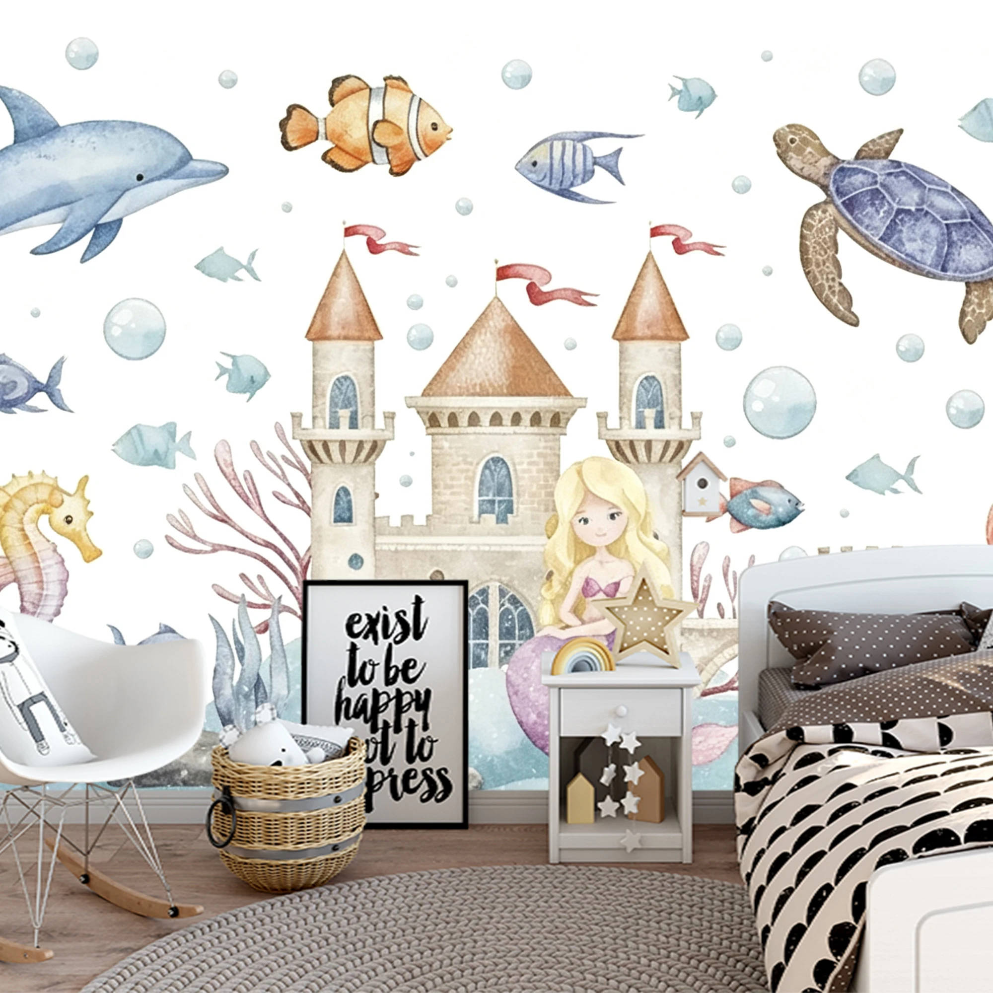 Milofi Customized Watercolor Underwater Mermaid Wallpaper Castle Sea Animals Wall Mural For Girls Baby Nursery Bedroom Decor