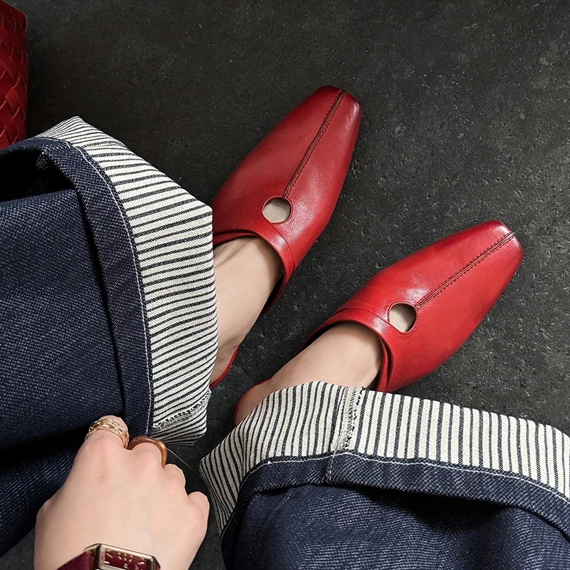 

2026 Summer Women Shoes Genuine Leather Square Toe Women Sandals Solid Modern Sandals for Women Chunky Heel Women's Mules Shoes