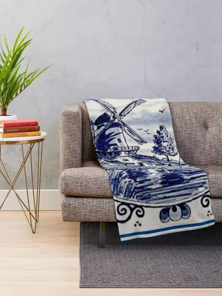 DUTCH BLUE DELFT: Vintage Windmill Print Throw Blanket Luxury Throw Weighted Blankets