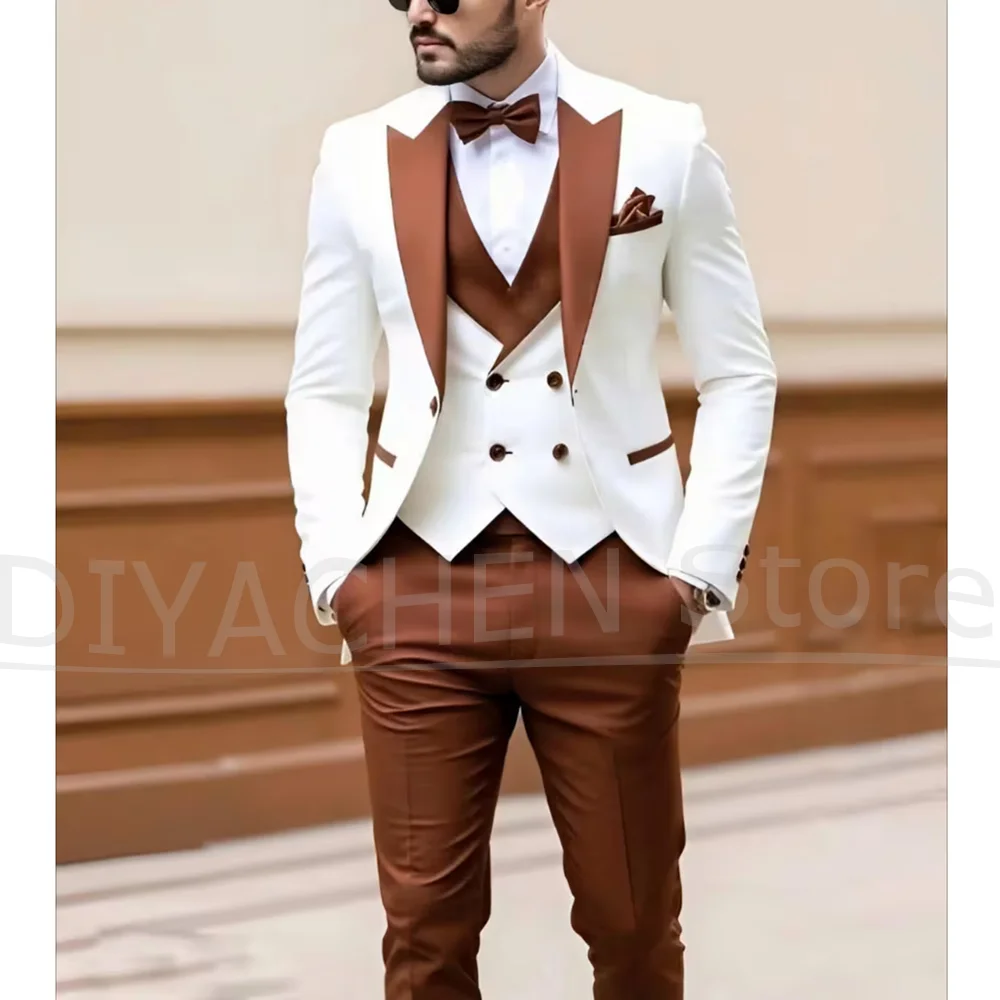 Men White Brown Contrast Three Piece Tuxedo Chic Single Button Blazer Vest Pants Wedding Groom Formal Party Slim Mens Suit