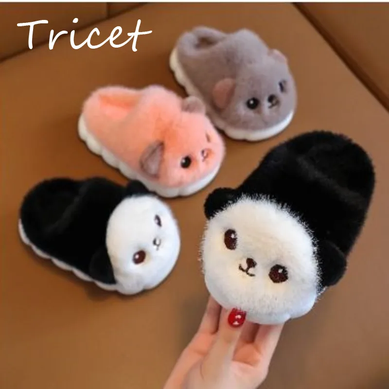 New Cute Panda Children Slippers Winter Cartoon Plush Warm Baby Boys Girls Slippers Soft Bottom Toddler Kids Indoor Shoes