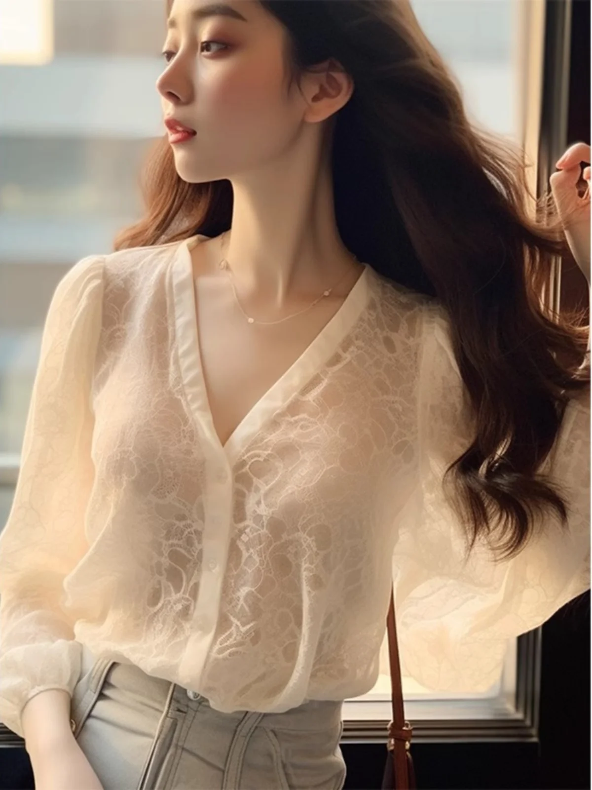 Ele Long Sve Lace irt feminino verão fino V-Ne proteção solar top suave europeu Sle commute solto ajuste botão D...