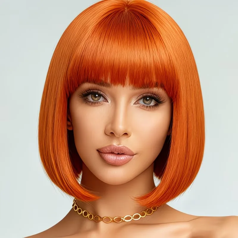 Orange wig with short straight hair, air bangs, bob style, fashionable inward-curled short wavy hair