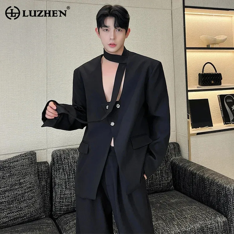 

LUZHEN Blazer Jackets Asymmetric Necktie Splicing Ribbon Design Stylish Personality Trendy Men's Street New Suit Outwear LZ5180