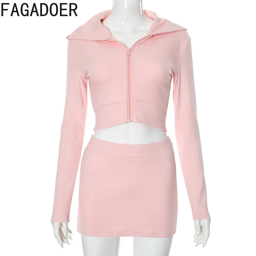 FAGADOER Pink 2 Piece Sets Women Outfit Casual Zip Hoodies Crop Tops and Mini Skirts Suits Hot Girl Y2k Streetwear Autumn New