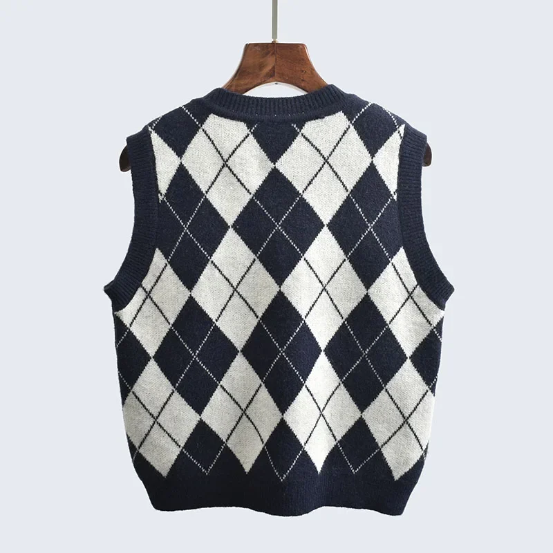 Women Contrast Color Argyle Vest Preppy Style V-neck Fall Sweater Vest Vintage Sleeveless Pullover Loose Knit JK Waistcoat Tops