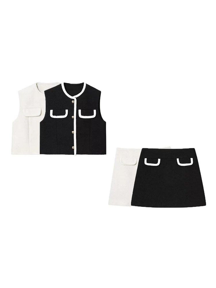 

Женский модный лоскутный твидовый жилет с высокой талией и боковой молнией, мини-юбка, комплект, элегантный женский наряд