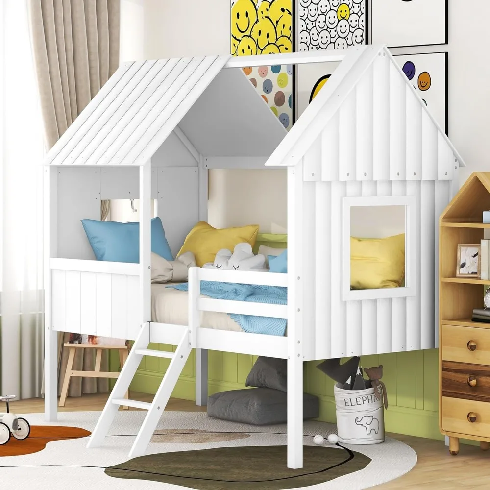 

Kids House Beds, Low Loft Bed Frames Twin Size, Wood Play House Bed for Girls/Boys/Toddlers, White
