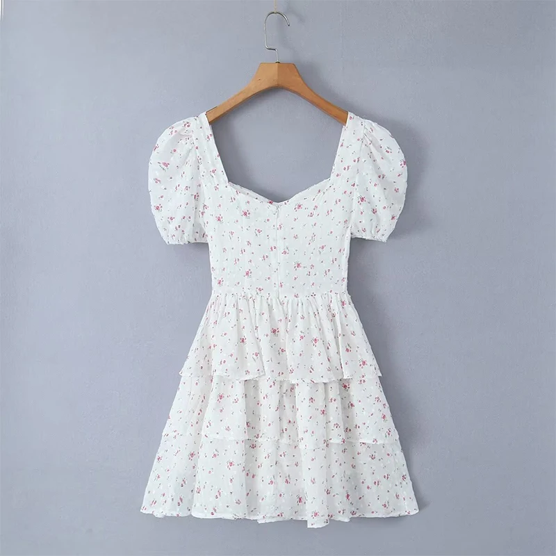 Sweet Floral Print Tea Party Dresses Elegant Women Vintage Puff Sleeve Summer Ladies Cake Mini Dress Beautiful Robe