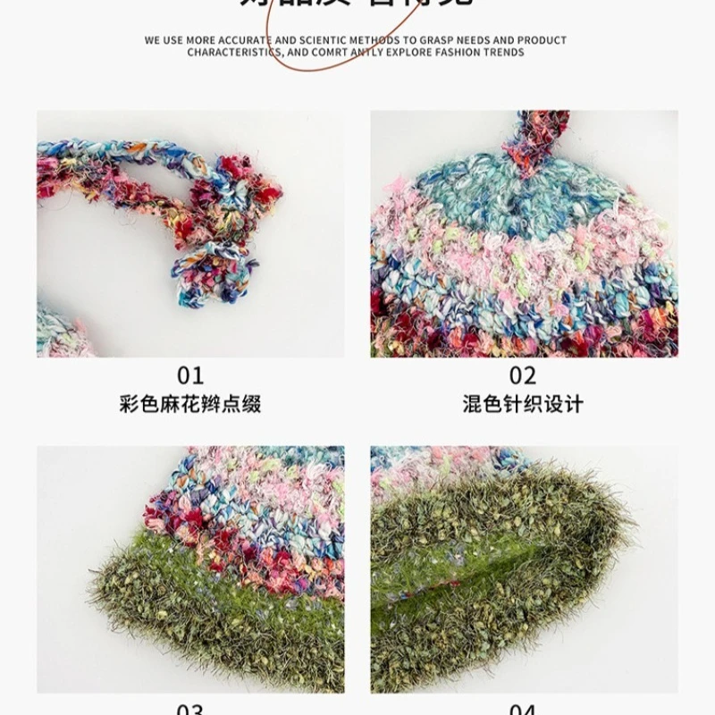 Japanische, gemischte, farbenfrohe Plüsch-Strickmütze für Damen, Winter, handgefertigt, gehäkelt, warm, mit Ohrenschutz, bunte, lange Zopfmütze. – Detail 5
