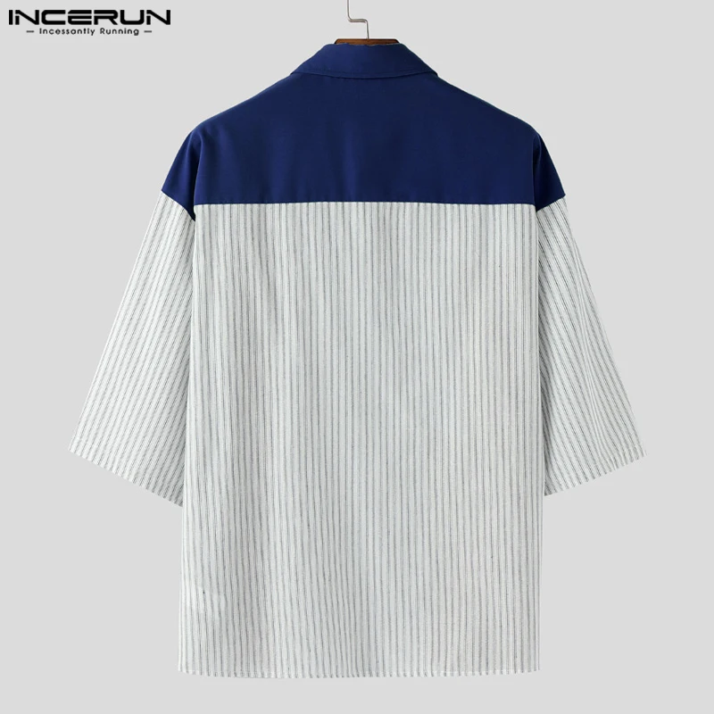 INCERUN Camicia da uomo a righe patchwork risvolto mezza manica allentata casual abbigliamento uomo streetwear estate 2025 camicie maschili stile coreano