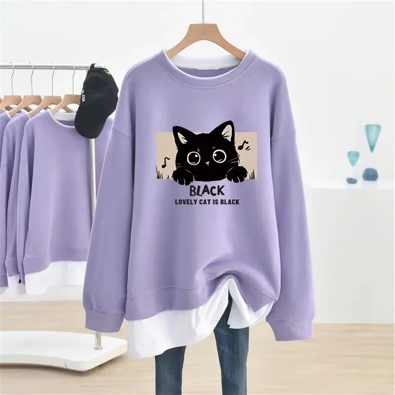 DAYIFUN-Cartoon Printed Hoodies Women O-Neck Pullovers Fake Two-piece Sweatshirts Patchwork Design Plus Size Tops 4XL 2024 New