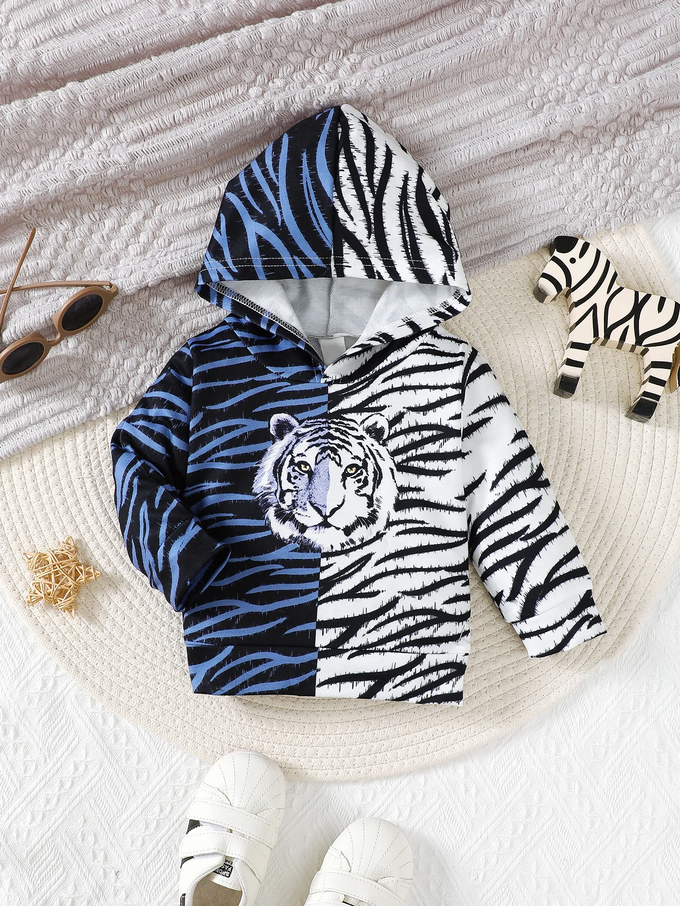 

Baby Boy Sports Hoodie hooded Color Blocked Printed Tiger Long sleeved 0-3 Year old Male Baby Spring and Autumn Casual Top