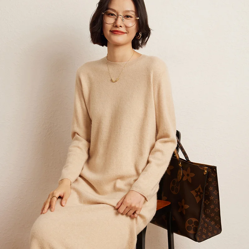 High-end New 100% Cashmere Sweater Longer Dress Women O-Neck Fashion Knitted Dresses Female Loose Casual Long Sleeve Pullover