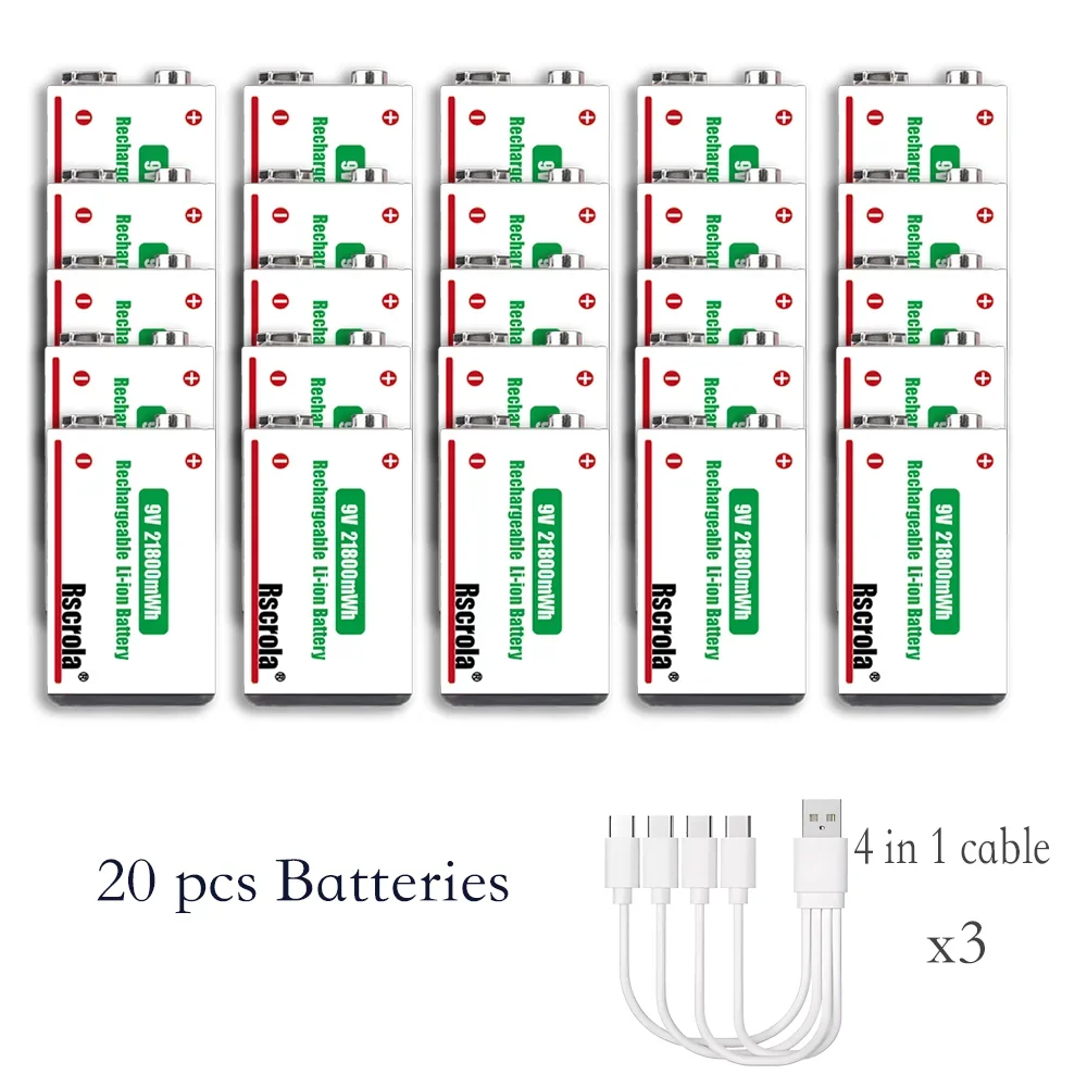 Rscrola 9V 21800mWh Lithium-ion oplaadbare batterij met hoge capaciteit voor gitaar, microfoon, rookmelder, pedaal met kabel