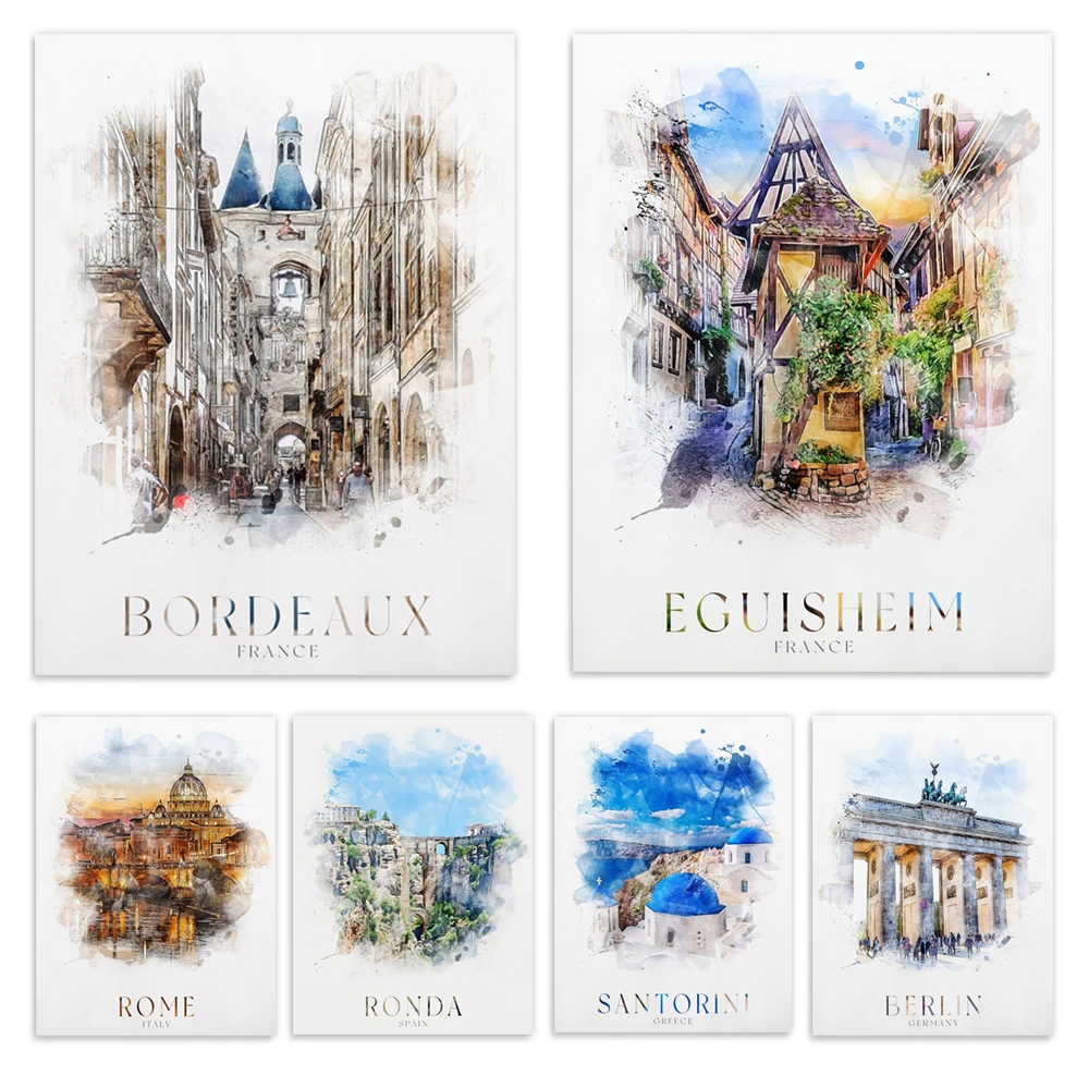 Rome Italy, Barcelona, Bordeaux, Gordes France, Berlin, Seville, Madrid, Athens, Ronda Spain, Santorini watercolor travel poster