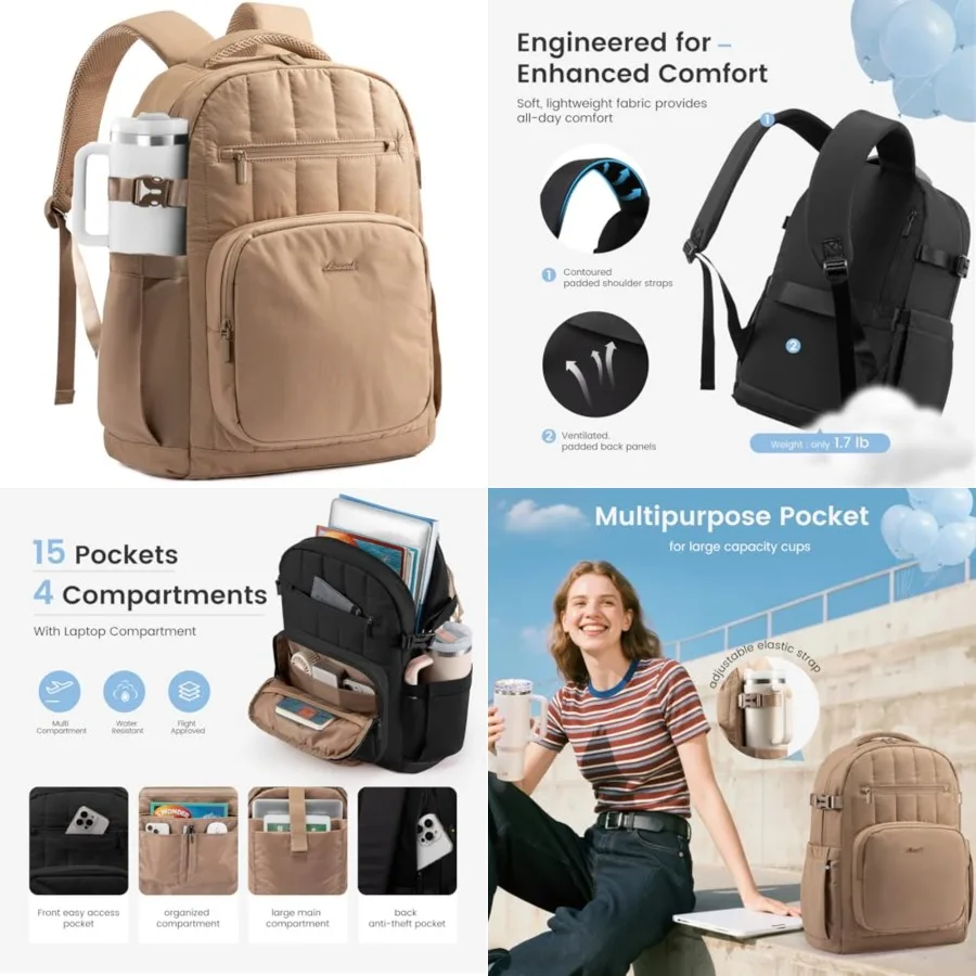 

Laptop Backpack for Women with Giant Tumbler Holder Pocket, Puffer Travel College Work Backpack Purse for Teacher Nurse, Waterp