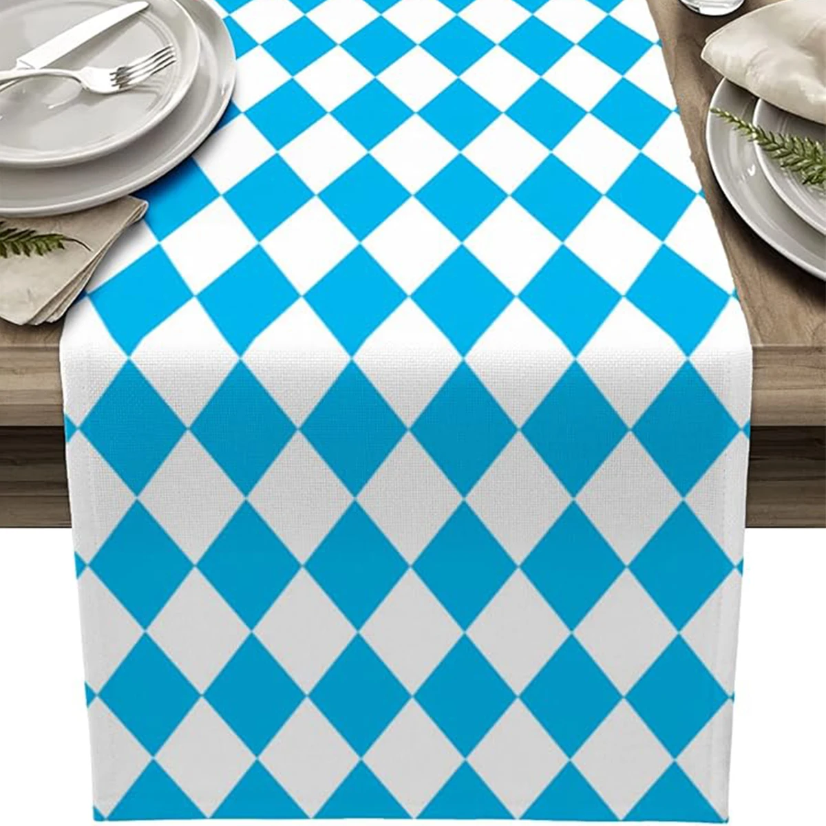 

Blue Checkered Linen Farmhouse Table Runner Washable Coffee Tables Dresser Scarf for Kitchen Party Holiday Home Decoration