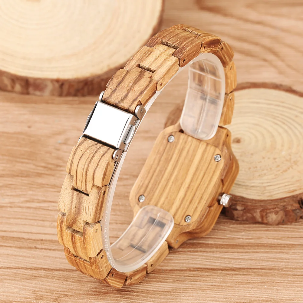 Classic Square Shaped Quartz Watches for Women Wooden Band Bracelet Wristwatch Ebony/Maple/Zebrawood Natural Stylish Lady Watch