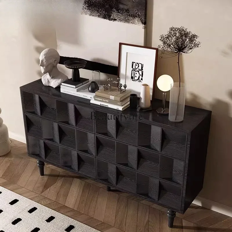 

04ld14Solid wood premium black dining side cabinet French retro bucket cabinet living room dining side cabinet