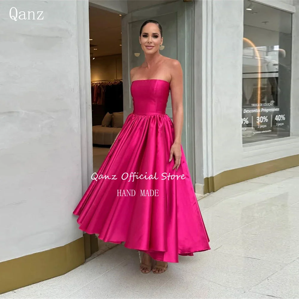 Qanz Elegant Satin Prom Dress Fuchsia A Line Ankle Length Sleeveless Evening Dresses Lace Up Back Robes De Soirée Customized