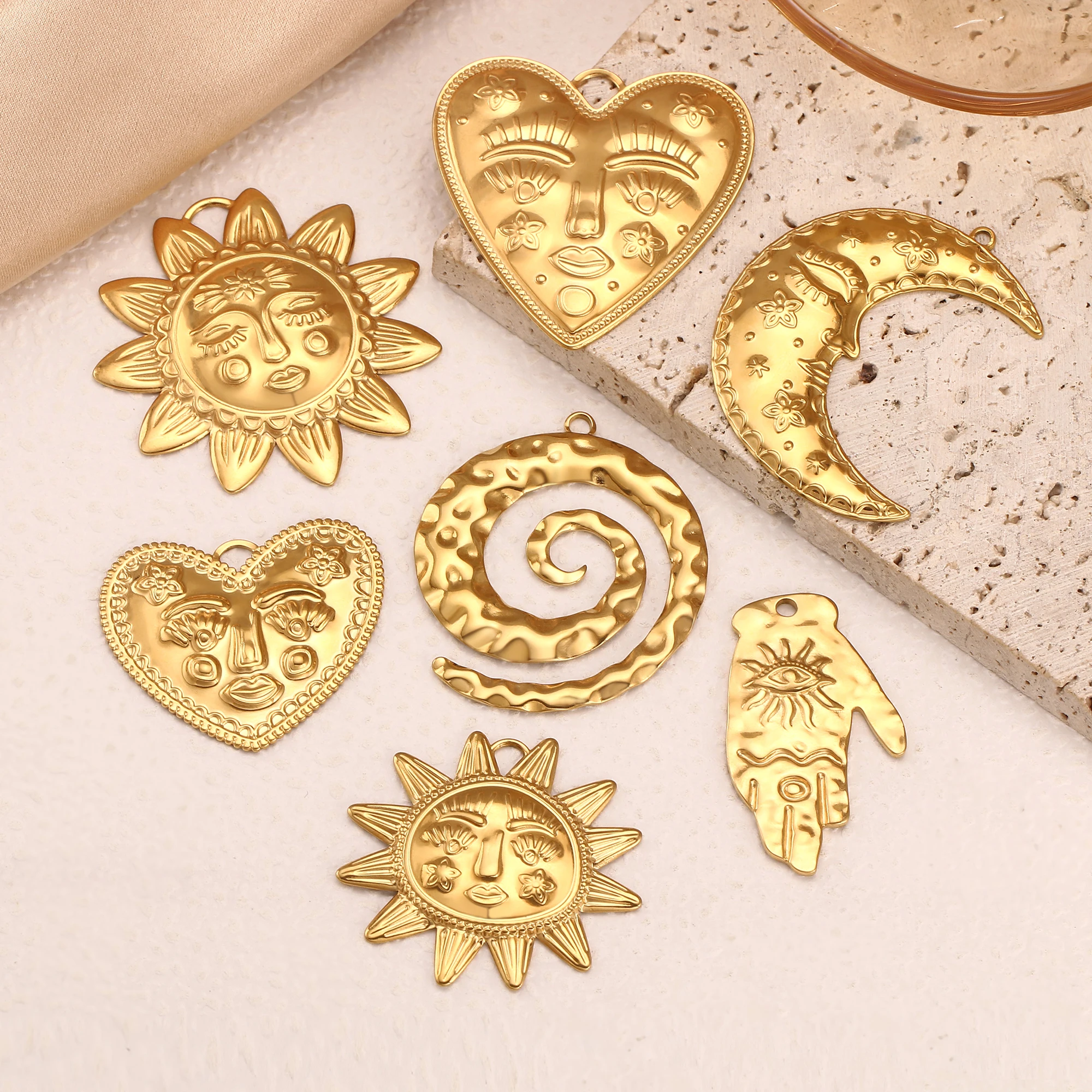 3Pcs Lucky Face Crescent/Sunflower Sun/Devil's Eye Charms Stainless Steel Large Love Heart Pendants DIY Necklace Jewelry Making