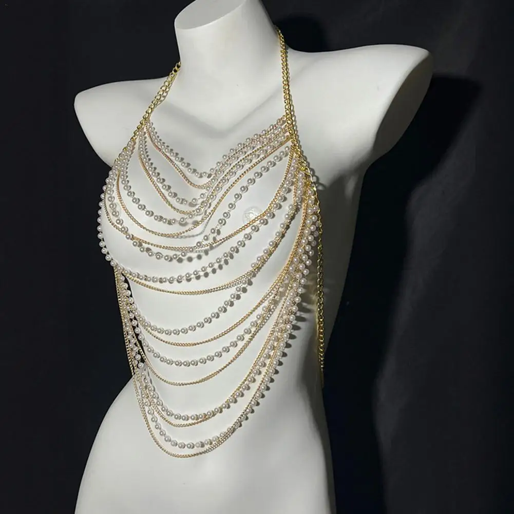 مثير اللؤلؤ شرابة الجسم سلسلة الصيف الشاطئ Y2K متعدد الطبقات سلسلة معدنية القمم الصدرية سلسلة الجوف خارج الشرير شرابة الصدر سلاسل مجوهرات