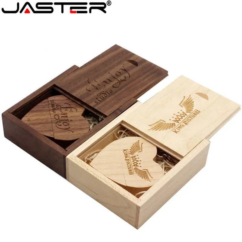 

JASTER LOGO customized wooden Heart USB + BOX USB Flash Drive Pendrive 64GB 32GB 16GB 8GB U Disk photography wedding gifts