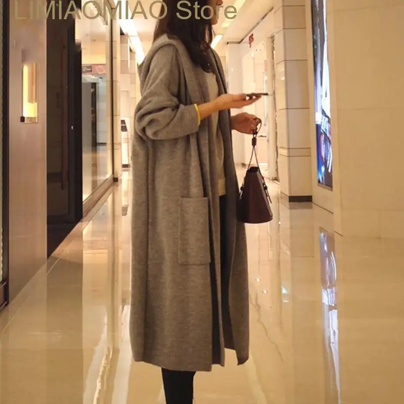 New Korean design Women Clothing Long Tunic Elegant Cardigan coats Vintage ladies Hooded long Overcoat