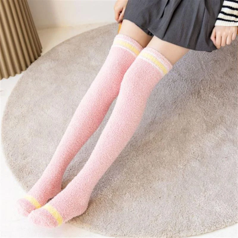 1Pair Soft Coral Fleece Knee Socks Winter Warm Girls Women Cute Stockings Striped Cozy Long Thigh High Socks Christmas