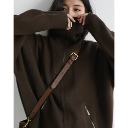 Women Brown Cardigan Sweater Outerwear Casual Pants Korean Fashion Leisure Lazy Wind Winter Knitting Thickening Coat Suit