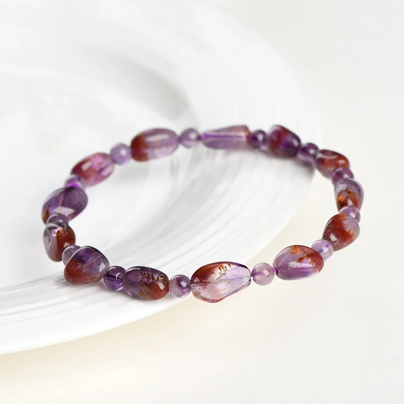 

Natural Purple Cacoxenite Auralite 23 Oval Beads Bracelet 8x5mm Gold Rutilated Quartz Clear Barrel Beads Bangle Women Men AAAAAA