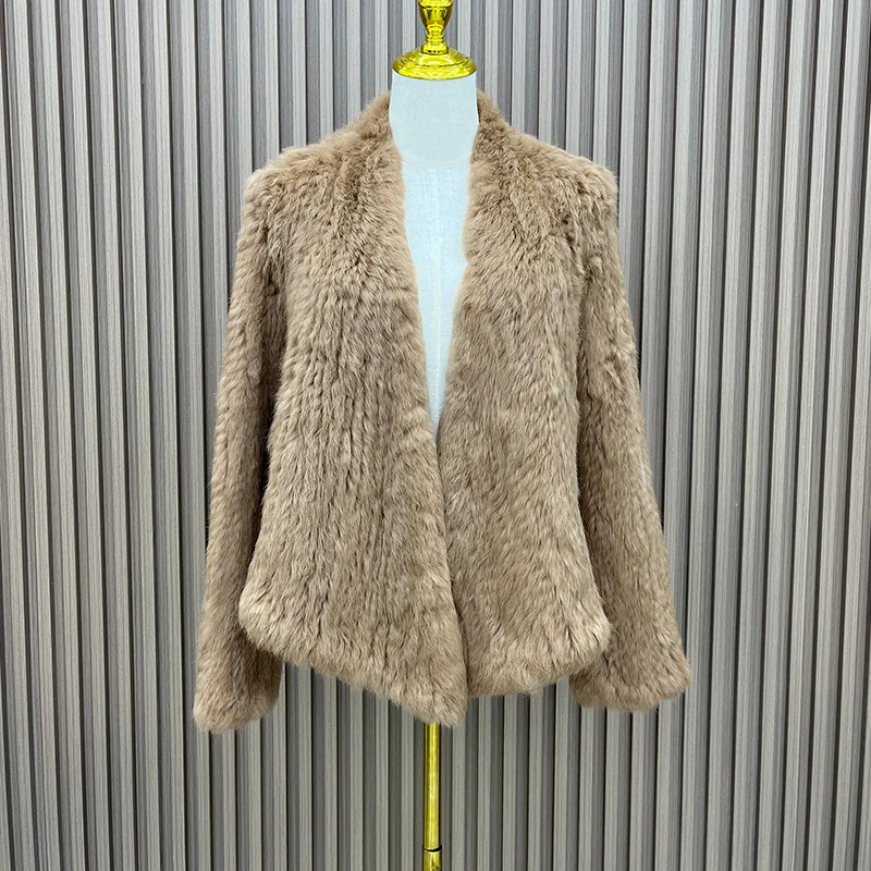 2023 Autumn Winter Women Coat Real Rabbit Fur Knitted Cardigan Jacket Natural Handmade Long Sleeves Warm Thick Outwear Female