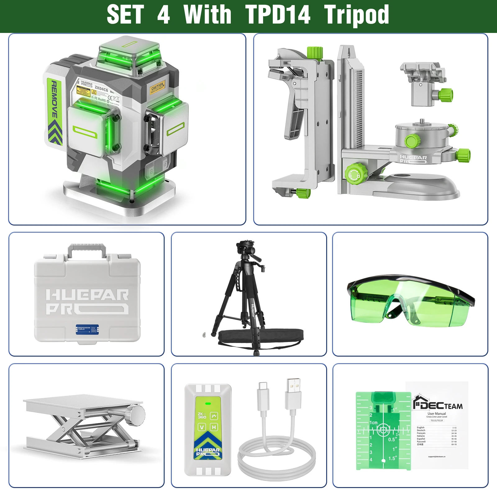 Huepar Professional 4D kruislijnlaser ± 2 mm hoge nauwkeurigheid zelfnivellerende groene lasergereedschapset met 8000 mAh Li-ionbatterij